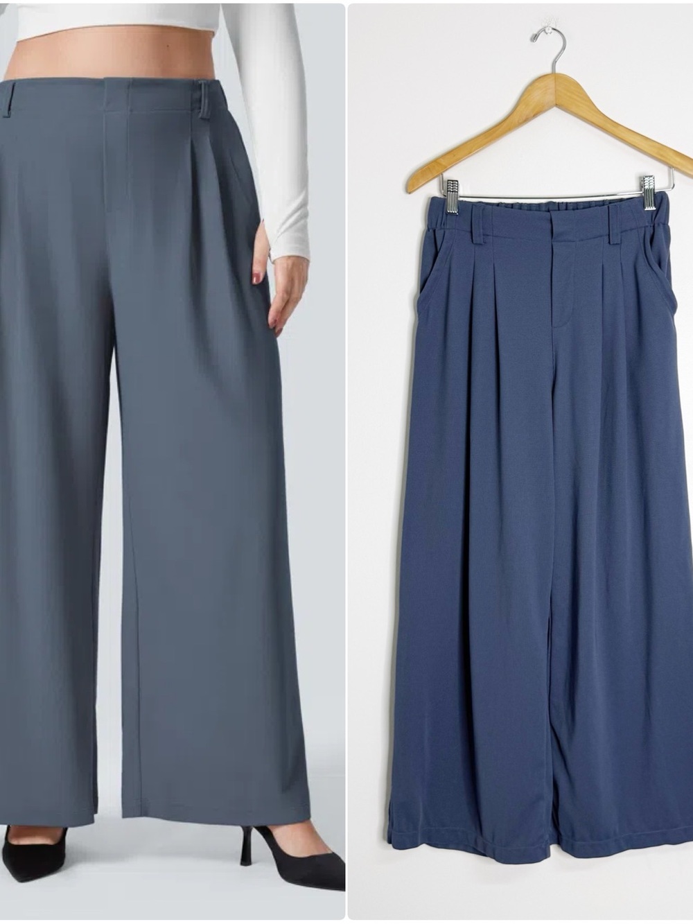 Halara Waffle Blue Pleated Wide Leg Pull On Pants High Rise Size Small Petite